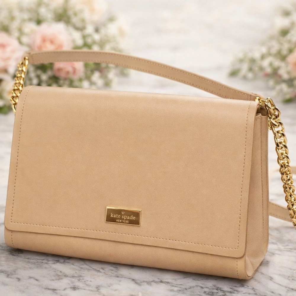 kate spade Neutral Beige Leather Shoulder Bag with Gold Chain